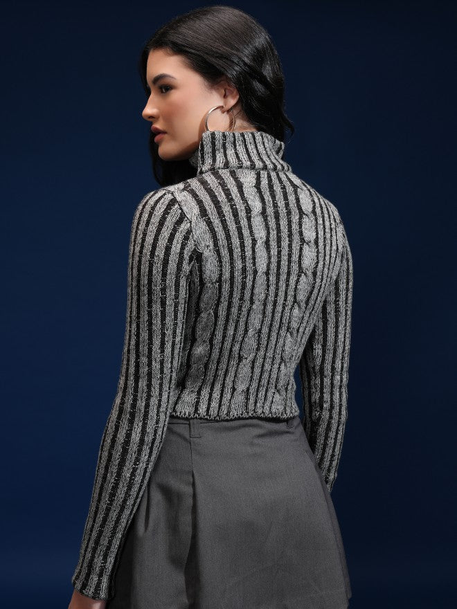 Tokyo Talkies Women Grey Shawl Neck Sweater - Grey - Image 3