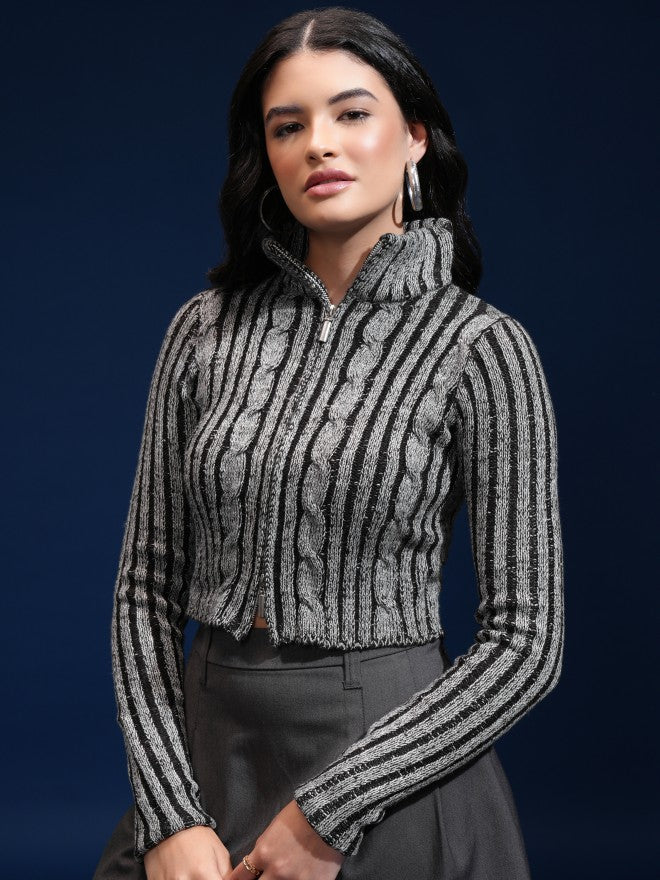 Tokyo Talkies Women Grey Shawl Neck Sweater - Grey - Image 4