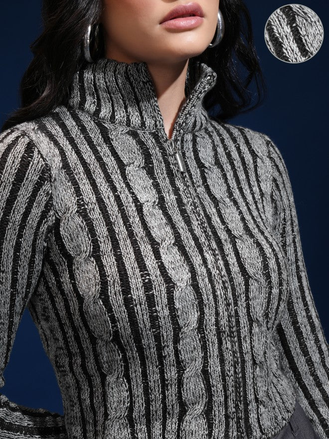 Tokyo Talkies Women Grey Shawl Neck Sweater - Grey - Image 5