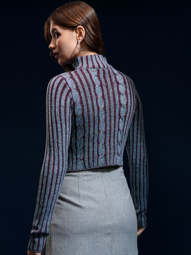 Tokyo Talkies Women Blue High Neck Sweater - Blue - Image 3