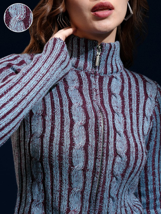 Tokyo Talkies Women Blue High Neck Sweater - Blue - Image 5