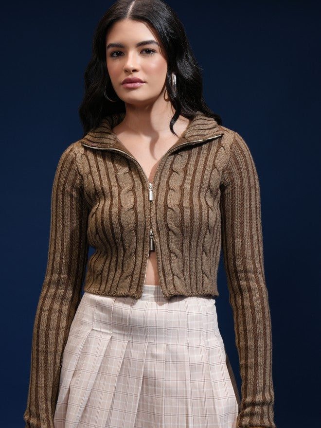Tokyo Talkies Women Brown Shawl Neck Sweater - Brown - Image 1