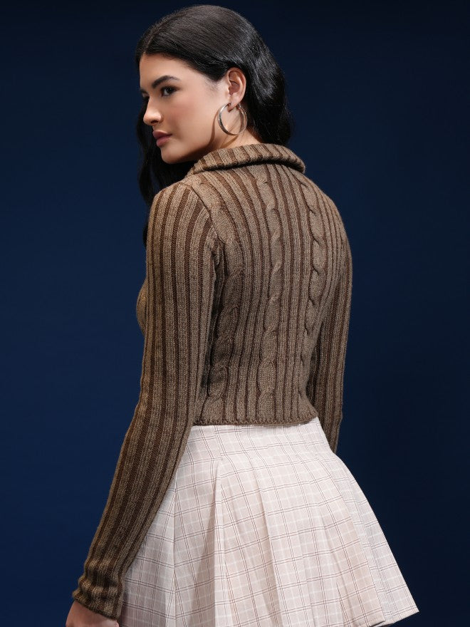 Tokyo Talkies Women Brown Shawl Neck Sweater - Brown - Image 3