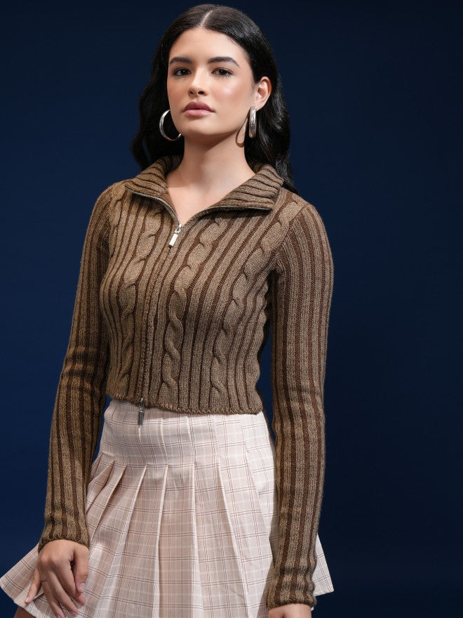 Tokyo Talkies Women Brown Shawl Neck Sweater - Brown - Image 4