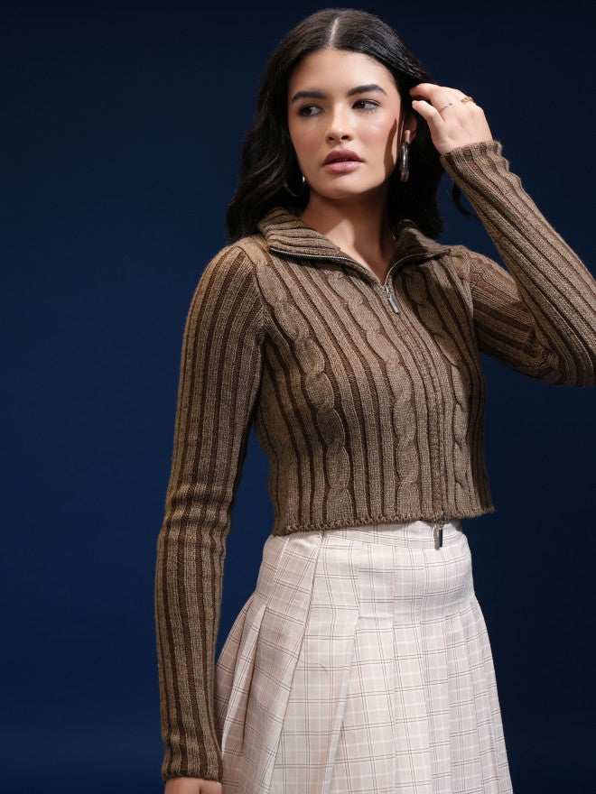 Tokyo Talkies Women Brown Shawl Neck Sweater - Brown - Image 6