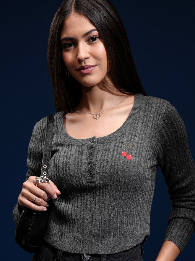 Tokyo Talkies Women Grey Round Neck Sweater - Grey - Image 1