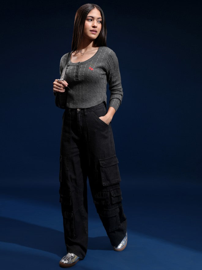 Tokyo Talkies Women Grey Round Neck Sweater - Grey - Image 2