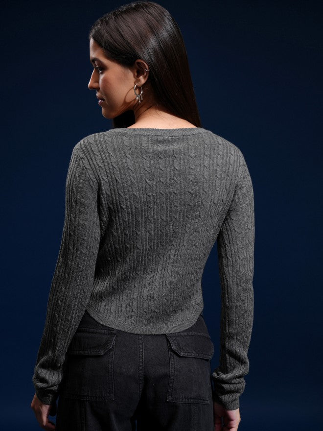 Tokyo Talkies Women Grey Round Neck Sweater - Grey - Image 3