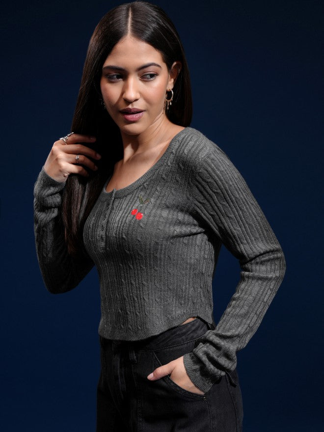 Tokyo Talkies Women Grey Round Neck Sweater - Grey - Image 4