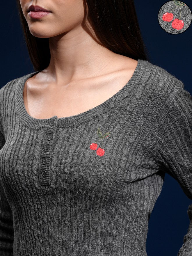 Tokyo Talkies Women Grey Round Neck Sweater - Grey - Image 5
