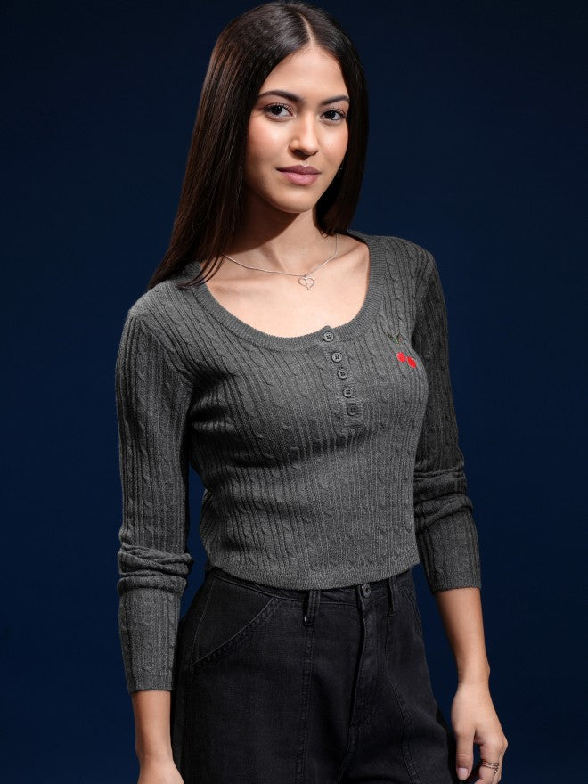 Tokyo Talkies Women Grey Round Neck Sweater - Grey - Image 6
