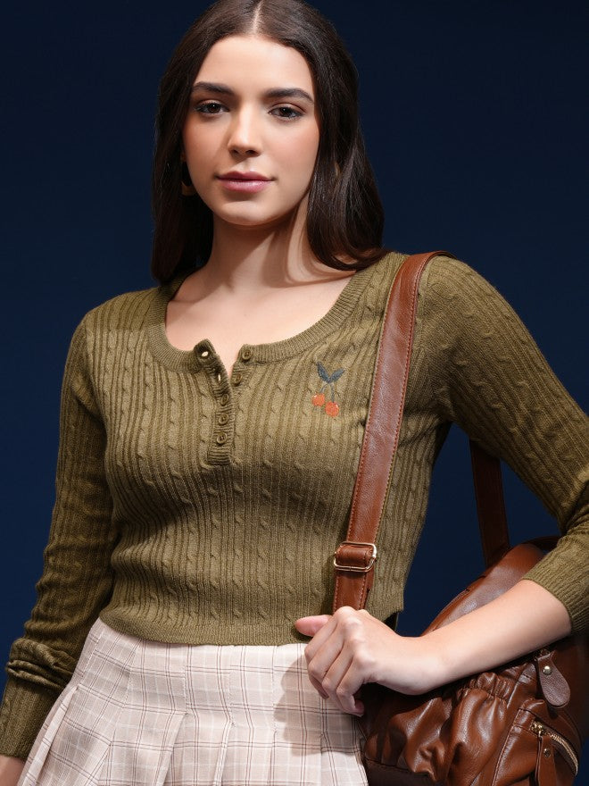 Tokyo Talkies Women Green Round Neck Sweater - Green - Image 1