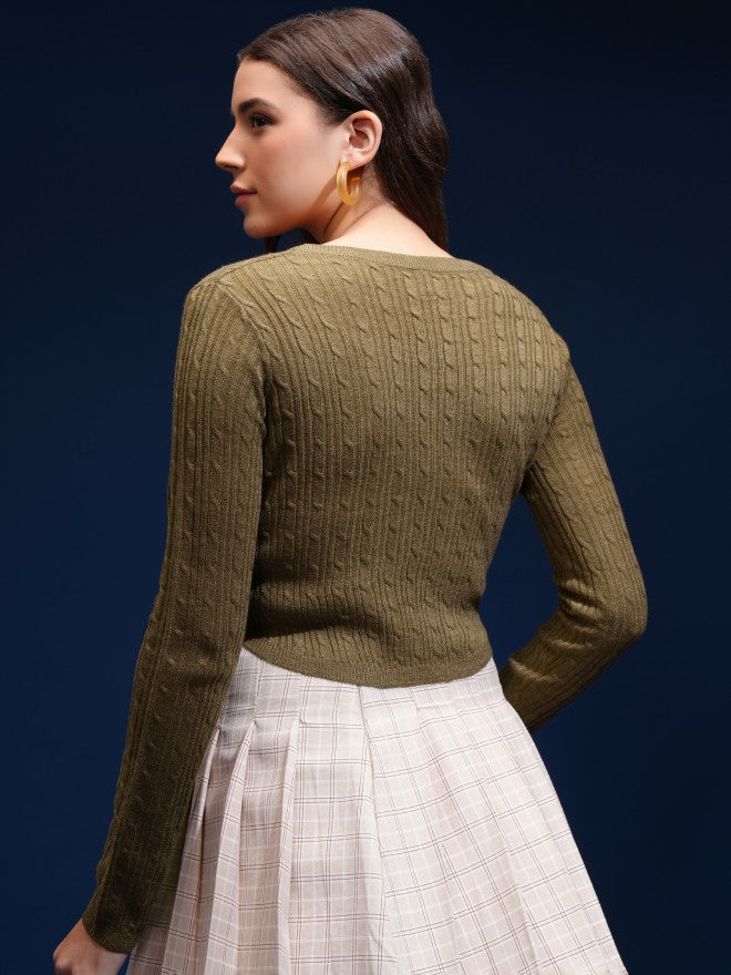 Tokyo Talkies Women Green Round Neck Sweater - Green - Image 3