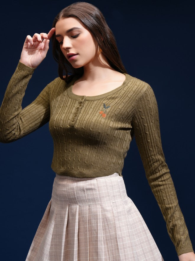 Tokyo Talkies Women Green Round Neck Sweater - Green - Image 4