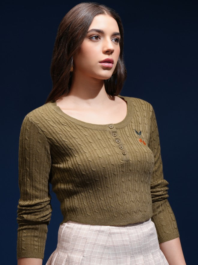Tokyo Talkies Women Green Round Neck Sweater - Green - Image 6