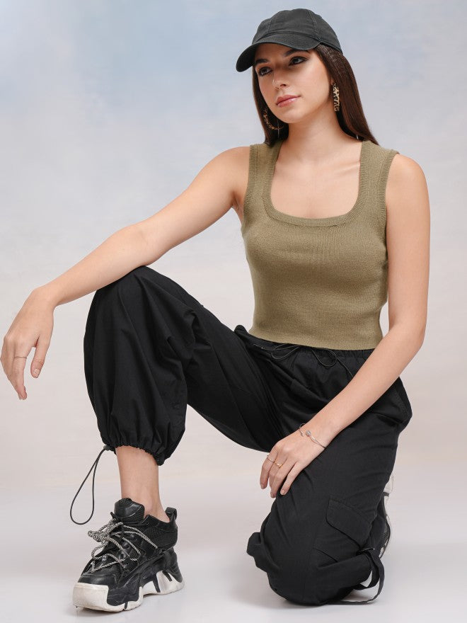 Tokyo Talkies Women Green Round Neck Sweater - Green - Image 2