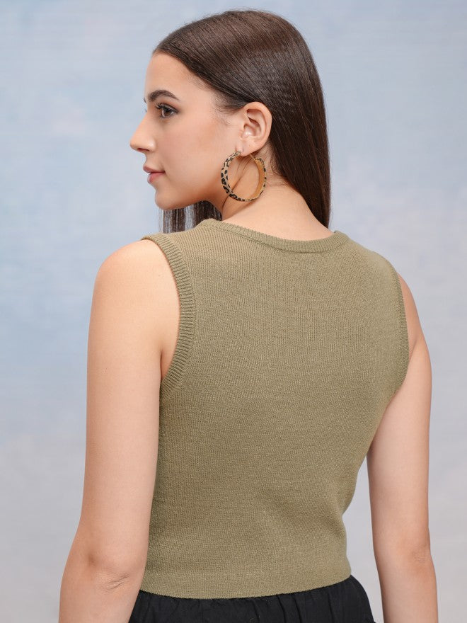 Tokyo Talkies Women Green Round Neck Sweater - Green - Image 3