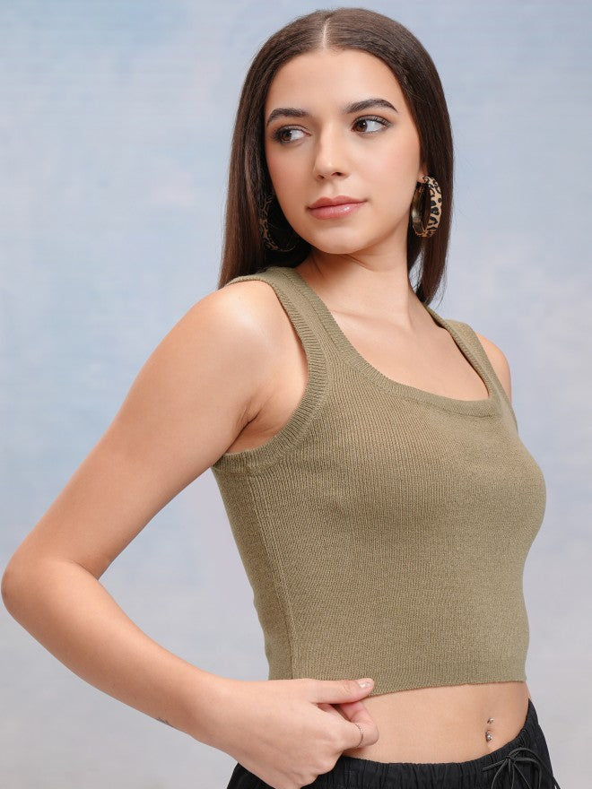 Tokyo Talkies Women Green Round Neck Sweater - Green - Image 6