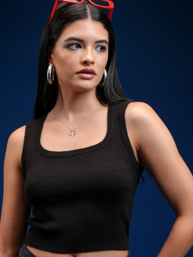 Tokyo Talkies Women Black Round Neck Sweater - Black - Image 1