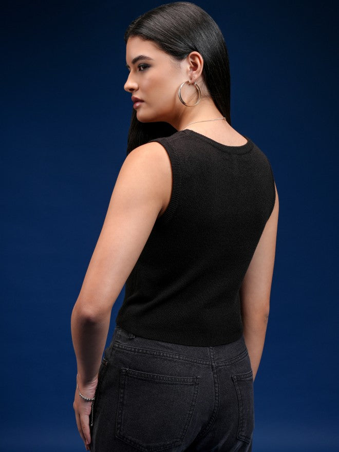 Tokyo Talkies Women Black Round Neck Sweater - Black - Image 3