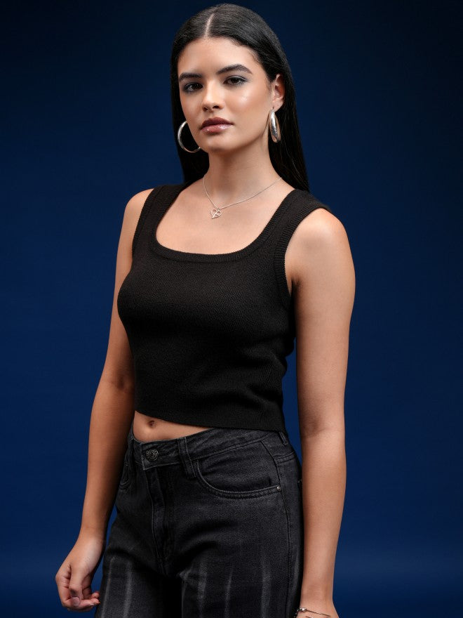 Tokyo Talkies Women Black Round Neck Sweater - Black - Image 4