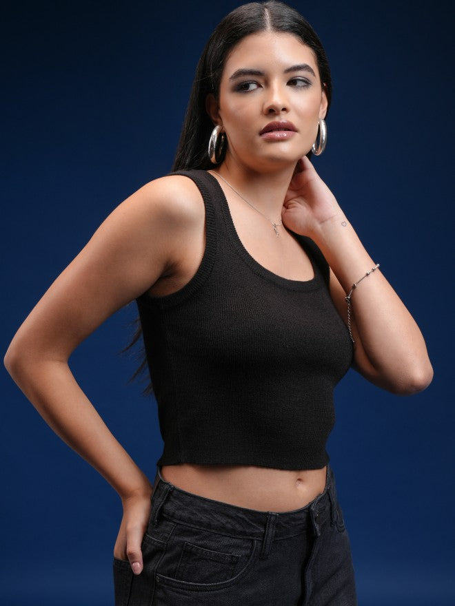 Tokyo Talkies Women Black Round Neck Sweater - Black - Image 6