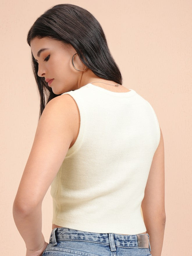 Tokyo Talkies Women White Round Neck Sweater - White - Image 3