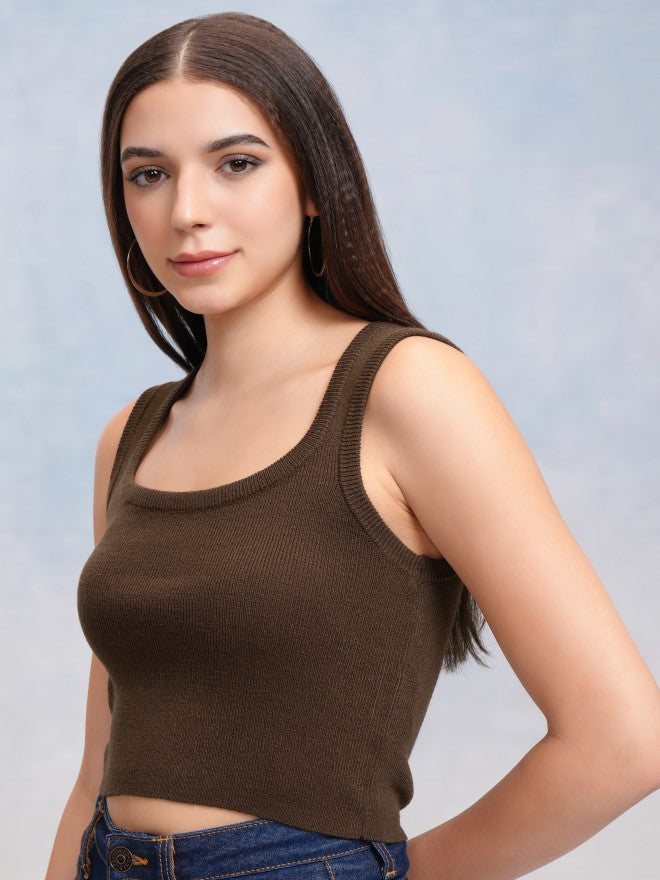 Tokyo Talkies Women Coffee Brown Round Neck Sweater - Coffee Brown - Image 4