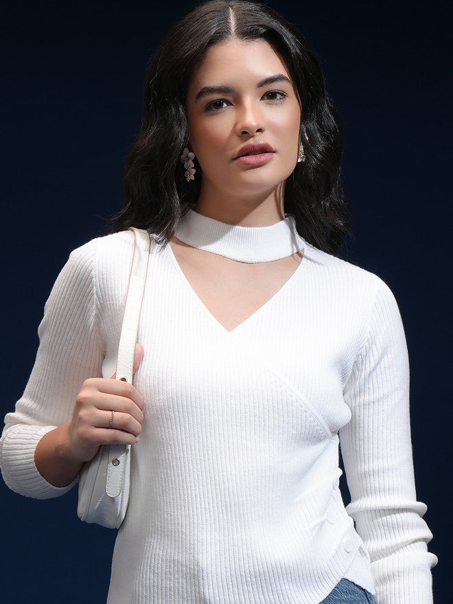Tokyo Talkies Women White V-Neck Sweater - White - Image 1
