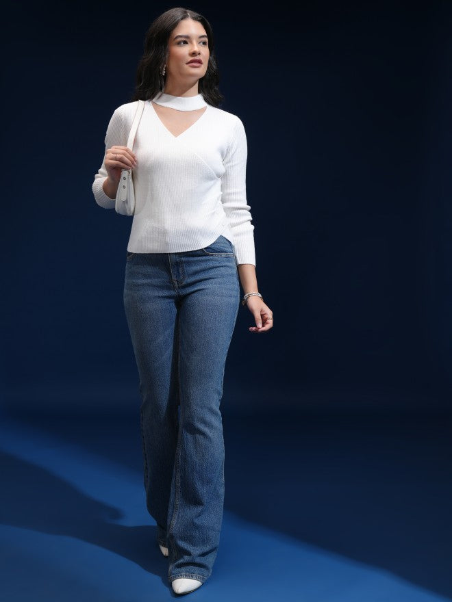 Tokyo Talkies Women White V-Neck Sweater - White - Image 2