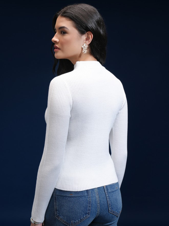 Tokyo Talkies Women White V-Neck Sweater - White - Image 3