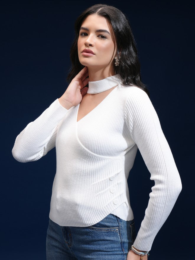 Tokyo Talkies Women White V-Neck Sweater - White - Image 4