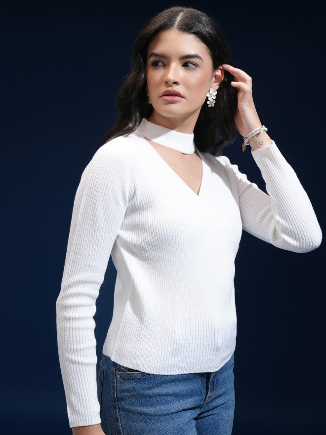 Tokyo Talkies Women White V-Neck Sweater - White - Image 6