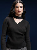Tokyo Talkies Women Black Shawl Neck Sweater - Black - Image 1