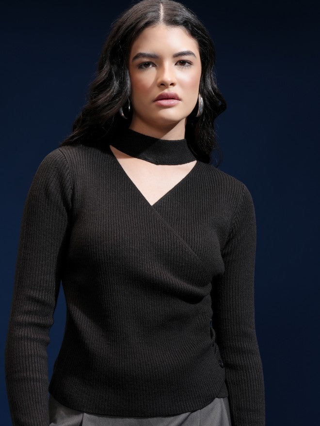 Tokyo Talkies Women Black Shawl Neck Sweater - Black - Image 1