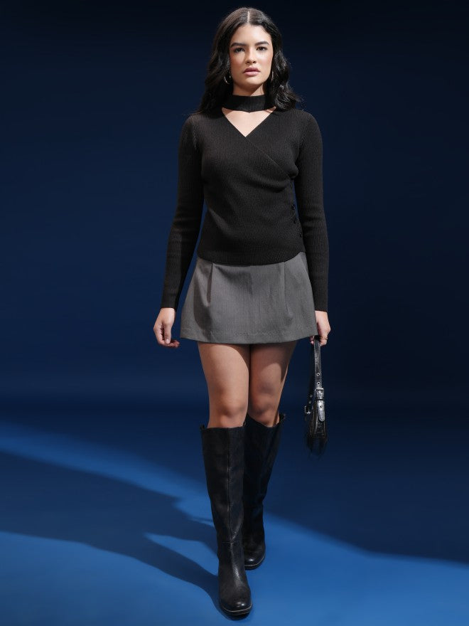 Tokyo Talkies Women Black Shawl Neck Sweater - Black - Image 2