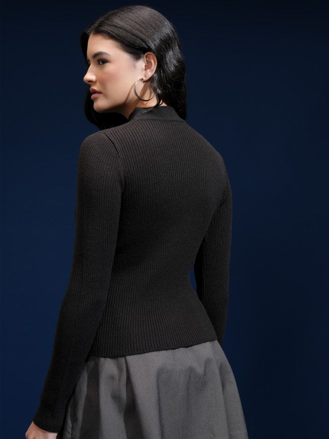 Tokyo Talkies Women Black Shawl Neck Sweater - Black - Image 3