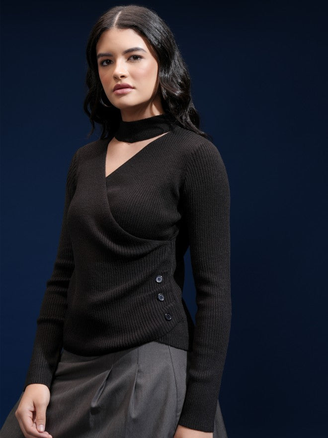 Tokyo Talkies Women Black Shawl Neck Sweater - Black - Image 4