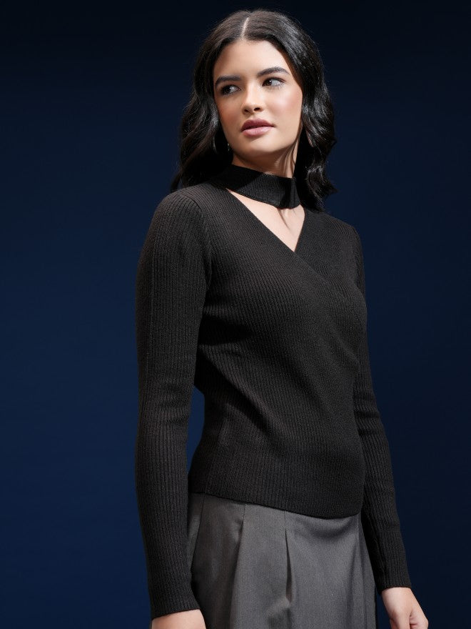 Tokyo Talkies Women Black Shawl Neck Sweater - Black - Image 6
