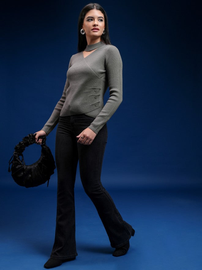Tokyo Talkies Women Grey Turtle Neck Sweater - Grey - Image 2