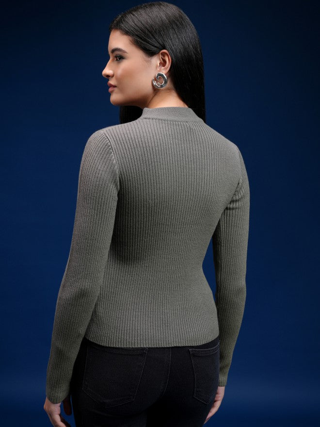 Tokyo Talkies Women Grey Turtle Neck Sweater - Grey - Image 3
