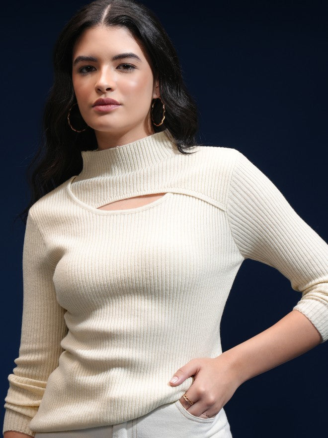 Tokyo Talkies Women White Mock Collar Sweater - White - Image 1
