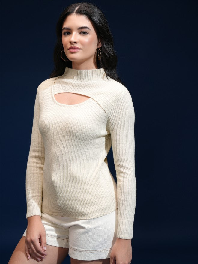 Tokyo Talkies Women White Mock Collar Sweater - White - Image 4