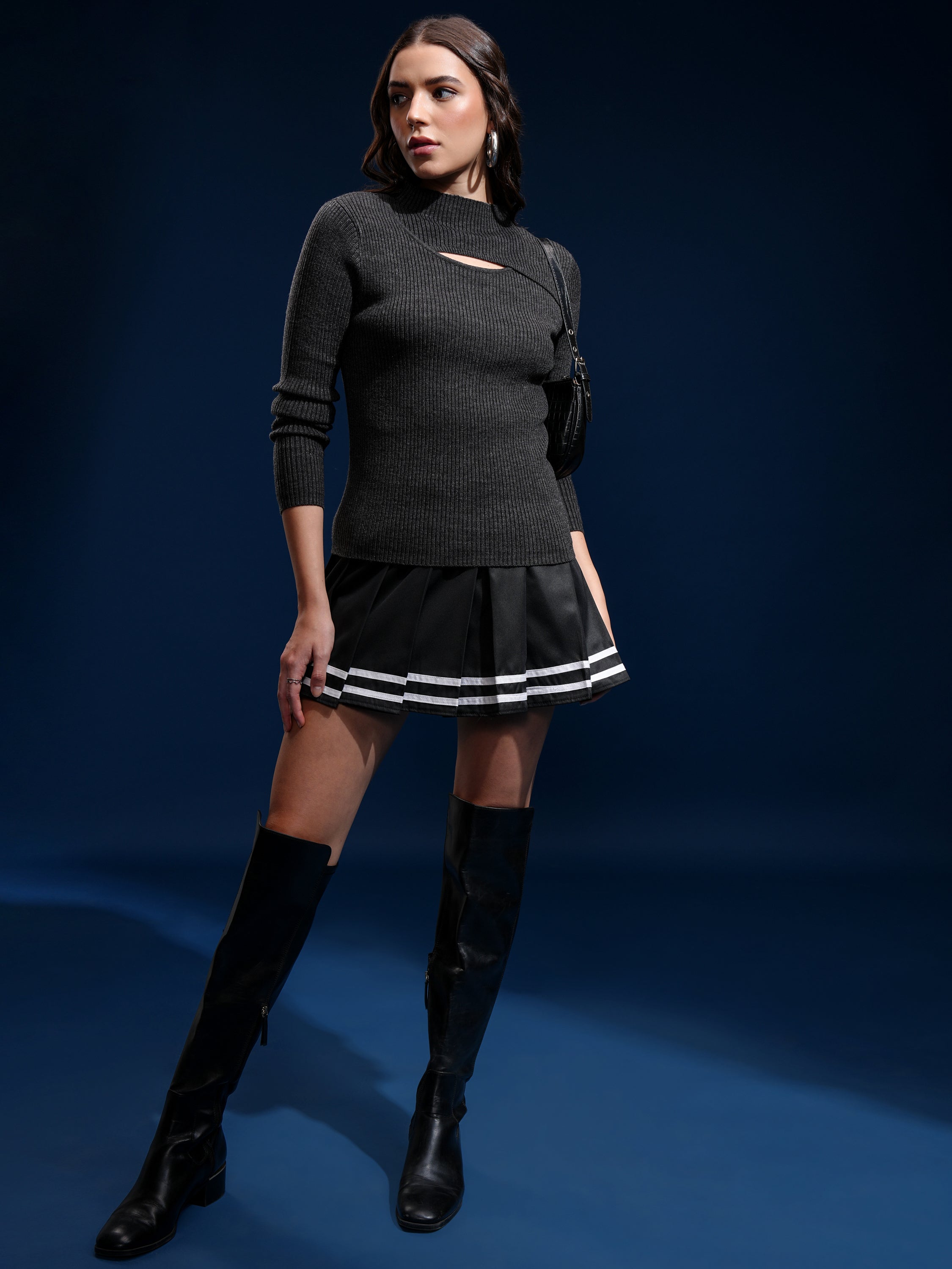 Tokyo Talkies Women Black Mock Collar Sweater - Black - Image 2