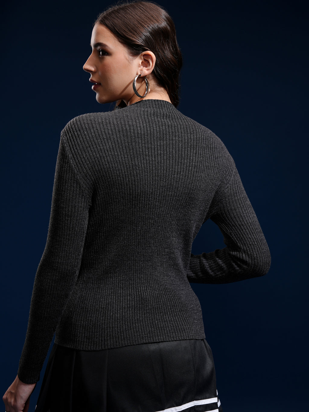 Tokyo Talkies Women Black Mock Collar Sweater - Black - Image 3