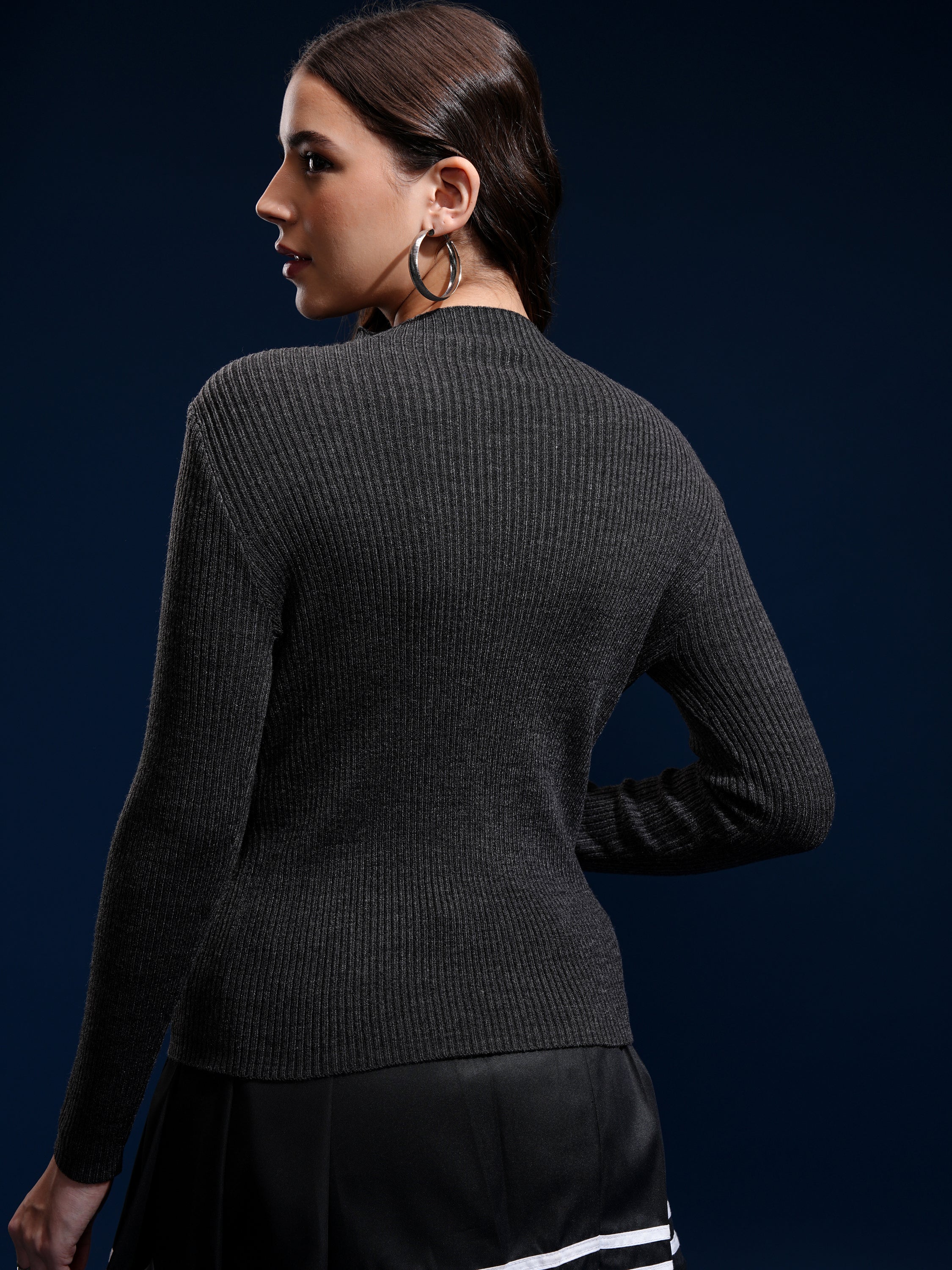 Tokyo Talkies Women Black Mock Collar Sweater - Black - Image 3