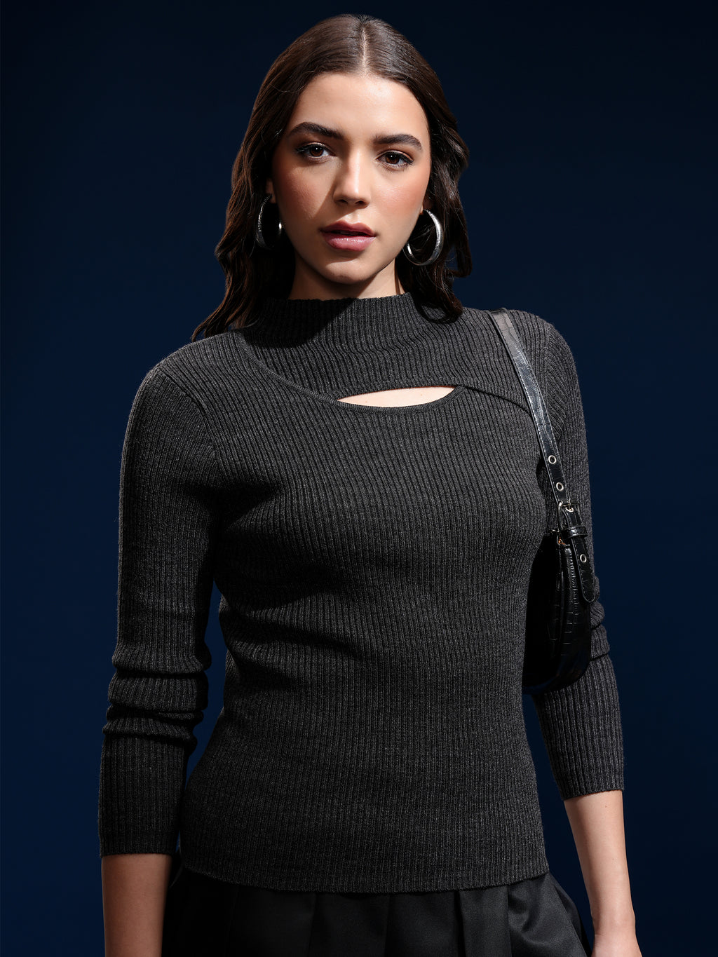 Tokyo Talkies Women Black Mock Collar Sweater - Black - Image 6