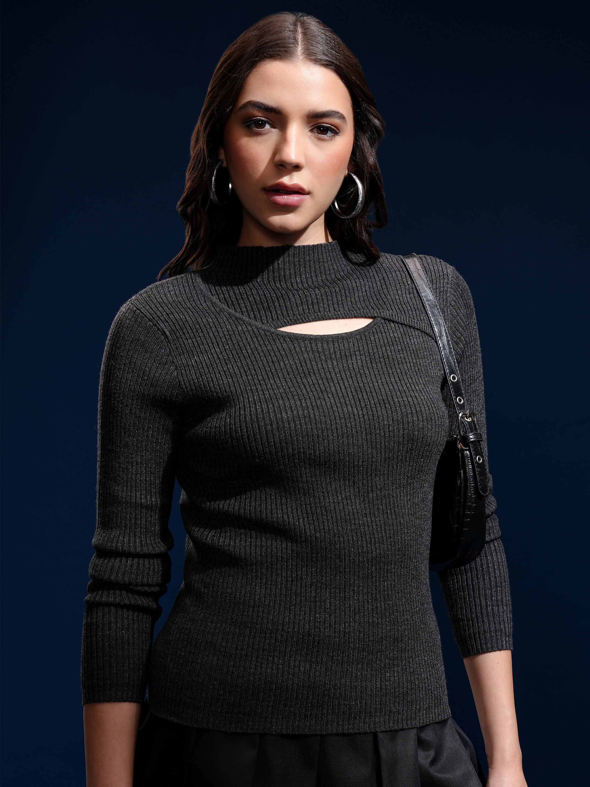 Tokyo Talkies Women Black Mock Collar Sweater - Black - Image 6