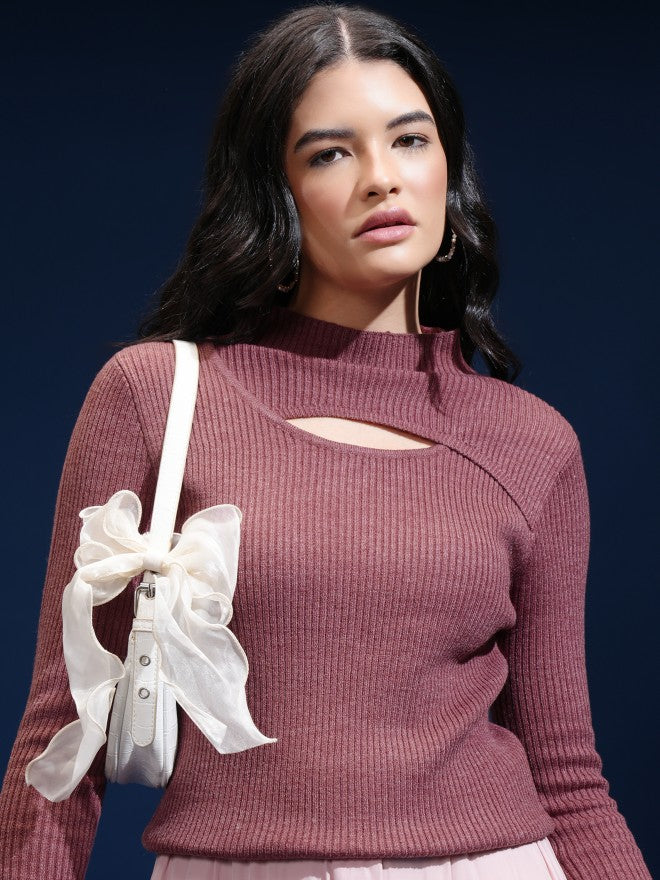 Tokyo Talkies Women Beige Mock Collar Sweater - Beige - Image 1