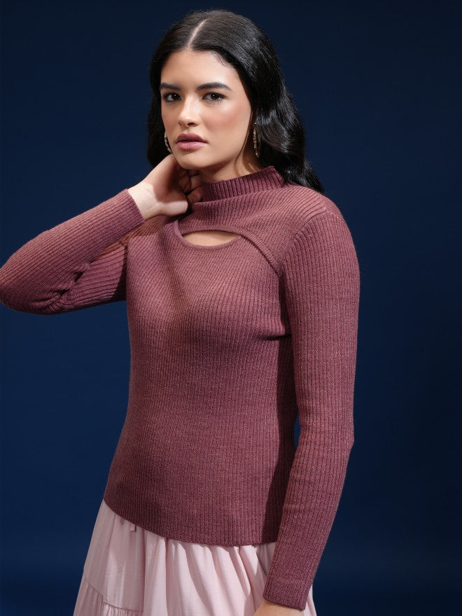 Tokyo Talkies Women Beige Mock Collar Sweater - Beige - Image 4